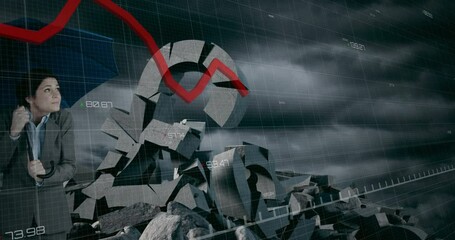Red graphs moving against businesswoman holding an umbrella - Powered by Adobe