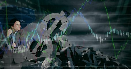 Financial data processing against businesswoman holding an umbrella - Powered by Adobe