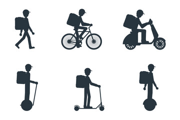 Set of delivery man silhouette on foot, scooter, bicycle, mono-wheel, segway. Stock vector illustration in flat design.