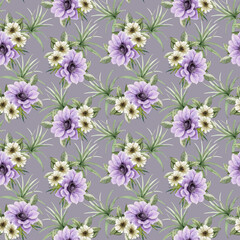 Seamless pattern with bouquets of purple and white flowers, on a gray background. Close-up watercolor illustrations