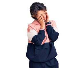 Young beautiful woman wearing sportswear rubbing eyes for fatigue and headache, sleepy and tired...