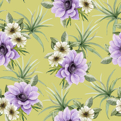 Seamless pattern with bouquets of purple and white flowers, on a green background. Close-up watercolor illustrations