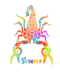 Scorpion of multicolored patterns. T-shirt print. Scorpio zodiac sign. Mixed media. Vector illustration