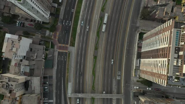 Main highway in Lima, Peru aerial drone footage. Taken during sunset hours at the time of covid-19 pandemic, showcasing how empty the highways are during a lockdown.