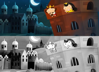Cartoon scene of married couple prince and princess in castle - illustration