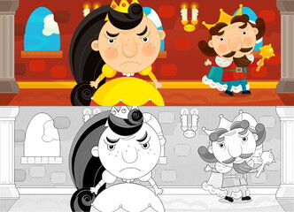 Cartoon scene married prince princess in castle by table full of food illustration