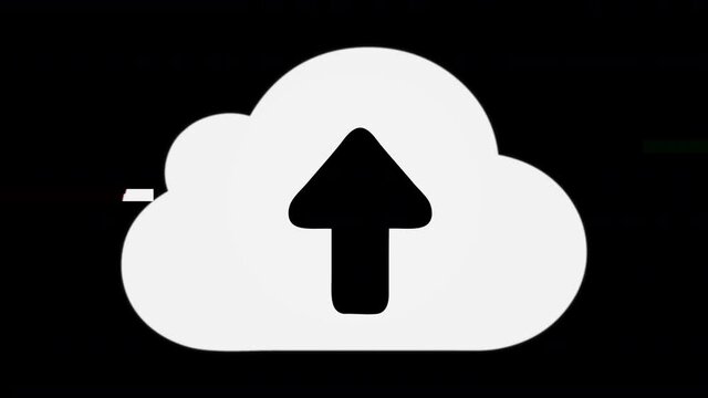 An intentional noise distortion glitch effect applied to an icon of an arrow pointing up (uploading media or files) inside a stylized cloud.