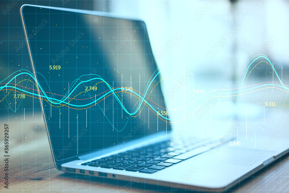 Poster Laptop computer with stock chart and financial analytics