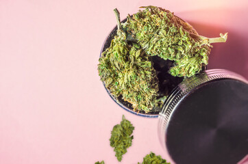Medical Marijuana Jar flower buds and weed Grinder on pink background