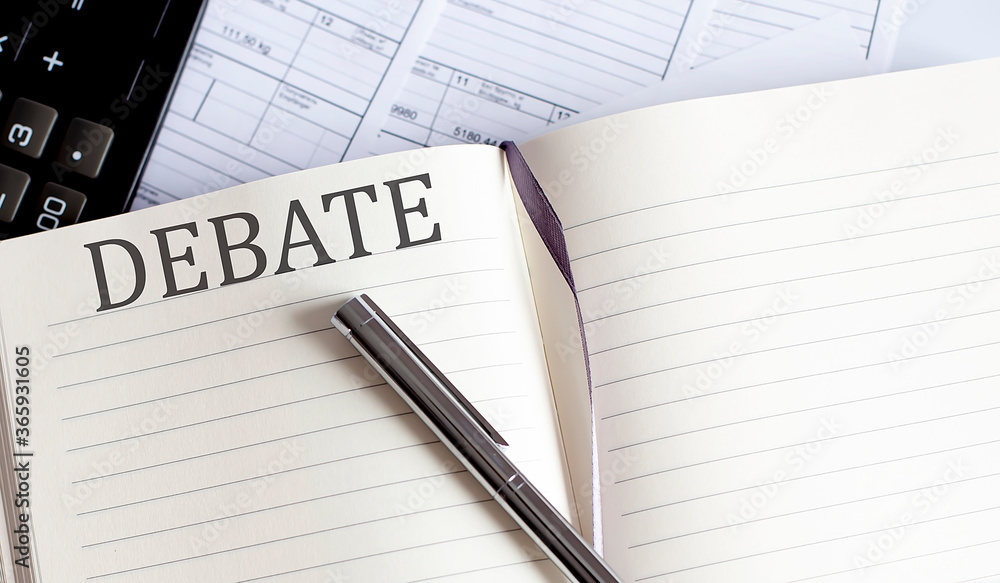 Aufkleber notebook with toolls and notes about debate