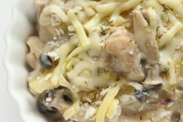 Homemade comfort food, Shimeji mushroom and chicken macaroni gratin