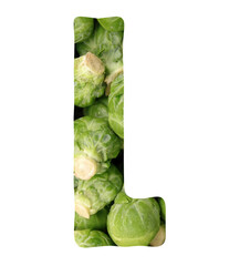 Letter L from a here available alphabet of single letters and numbers cut out from close-up photos of fresh organic vegetables