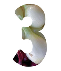 Number 3 from a here available alphabet of single letters and numbers cut out from close-up photos of fresh organic vegetables