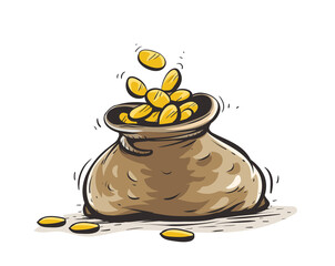 Full sack with gold coins. Hand drawn