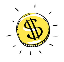 One dollar coin of USD american money. Gold Penny shining symbol. Vector illustration