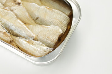 Canned food, sardines in oil with copy space