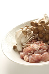 Prepared Shimeji mushroom and chicken for cooking ingredient
