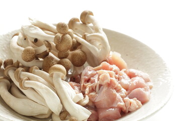 Prepared Shimeji mushroom and chicken for cooking ingredient