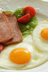 Luncheon meat and sunny side up fried egg for homemade breakfast