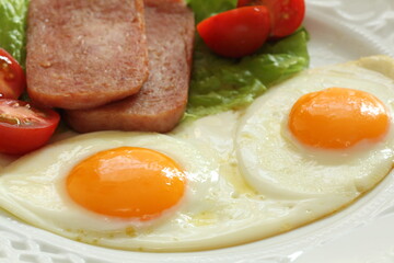 Luncheon meat and sunny side up fried egg for homemade breakfast
