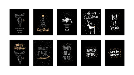 Vector set of black scandinavian Christmas cards with hand lettering Merry Christmas and hand drawn white moose elk with coffee, mountains, spruce, deer, christmas tree isolated on black background.