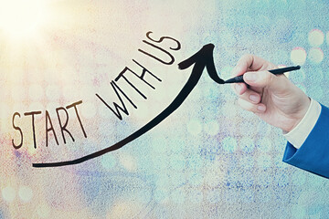 Word writing text Start With Us. Business photo showcasing inviting someone to work together for a...