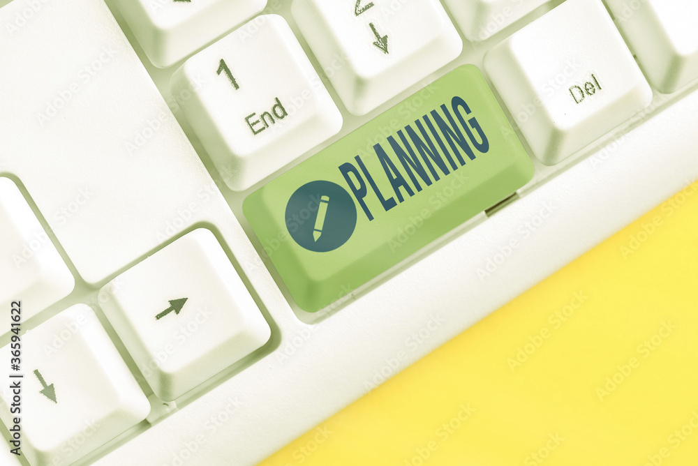 Poster Text sign showing Planning. Business photo text achieving desired results is the first and foremost assignment Different colored keyboard key with accessories arranged on empty copy space