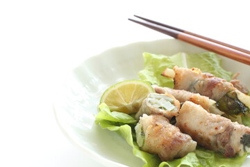 homemade okra an belly pork roll on white background