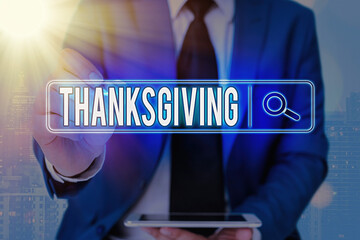Writing note showing Thanksgiving. Business concept for grateful recognition of benefits favors...