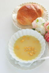 Japanese instant corn soup with copy space for breakfast food