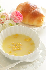Japanese instant corn soup with copy space for breakfast food