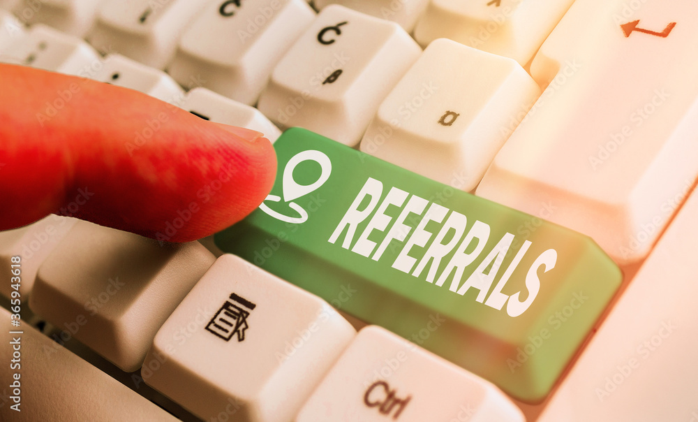 Poster text sign showing referrals. business photo text someone or something to research study or take any 