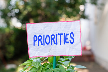 Conceptual hand writing showing Priorities. Concept meaning more important is the fact or state of...
