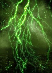 Night Time Lightning Cityscape Background Green Illustration