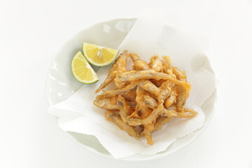 japanese food, deep fried small fish Tempura in bamboo basket