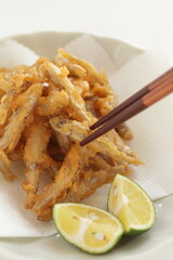 japanese food, deep fried small fish Tempura in bamboo basket