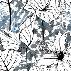 Fototapeta premium Floral Black White Pattern. Modern Watercolor