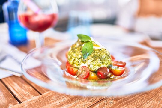 Delicious dish of tomato and burrata cheese salad