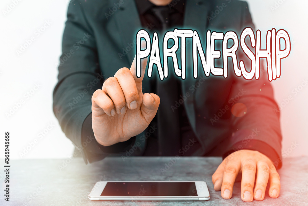 Poster text sign showing partnership. business photo text business type in which two or more individuals sh