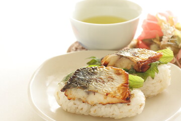 Japanese food, grilled mackerel and oba herbal sushi