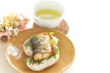 Japanese food, grilled mackerel and oba herbal sushi - obrazy, fototapety, plakaty