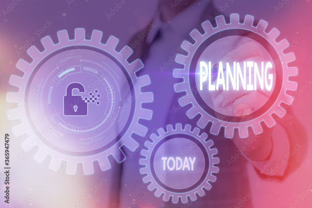 Poster Writing note showing Planning. Business concept for achieving desired results is the first and foremost assignment Graphics padlock for web data information security application system