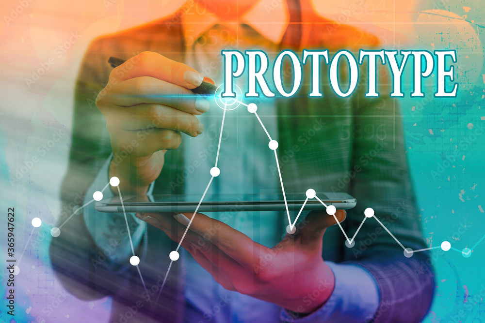 Poster writing note showing prototype. business concept for a preliminary model of something particularly a