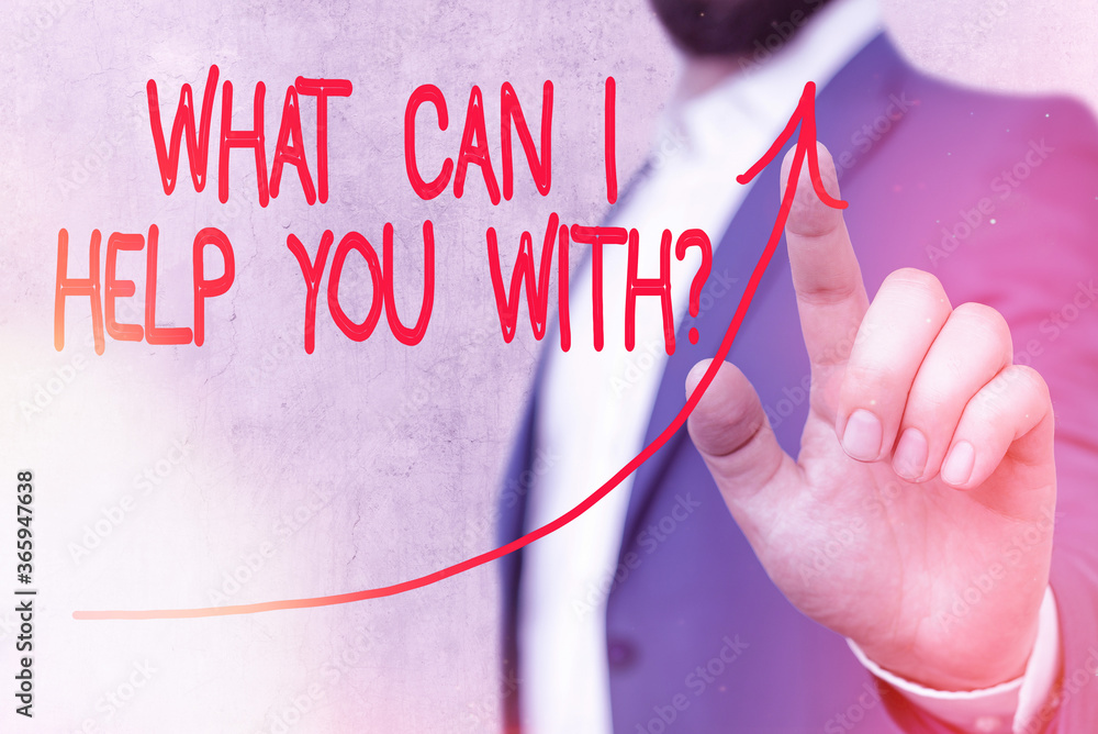 Poster word writing text what can i help you with question. business photo showcasing to make it possible f