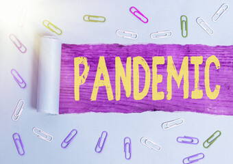 Handwriting text Pandemic. Conceptual photo occurring over a wide area affecting high proportion of...