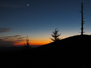 Beautiful sunset with silhouettes of mountains and trees. 