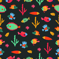 Under the sea seamless pattern with various of fishes. Ocean underwater seamless pattern in vector. Perfect for summer greeting cards.Summer flat vector cartoon postcards.