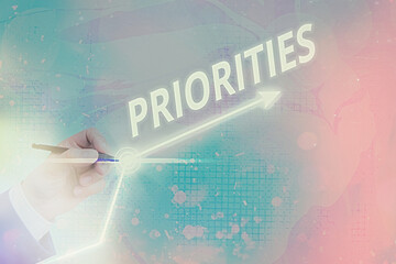 Word writing text Priorities. Business photo showcasing more important is the fact or state of...