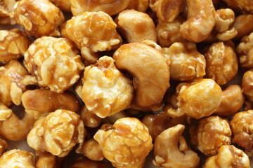 nut and caramel popcorn in bowl for snack food
