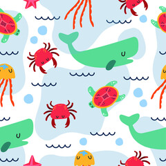 Ocean seamless pattern with various of fishes, whale, jellyfish, crab, and reef corals. Ocean underwater seamless pattern in vector. Perfect for summer greeting cards.Summer flat vector cartoon